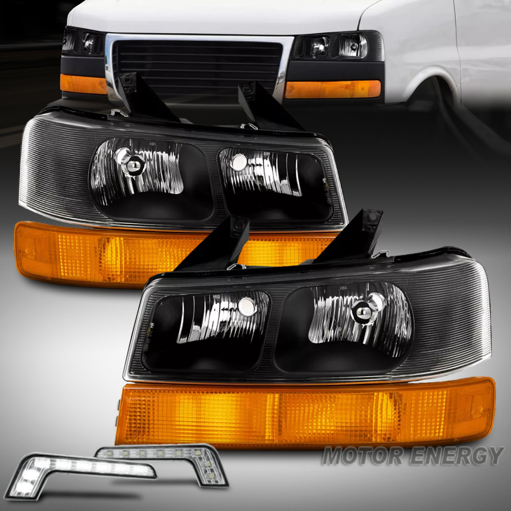 Fit 2003-2023 Chevy Express GMC Savana Black Headlights Bumper Parking