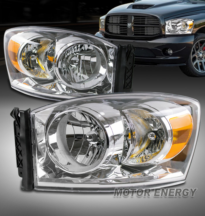 Suitable For 2006-2008 Dodge Ram 1500 / 2006-2009 2500 / 3500 Replacement Headlights Lamps - Chrome with Amber Reflector