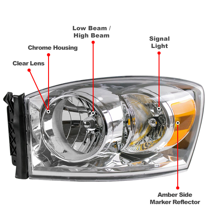 Suitable For 2006-2008 Dodge Ram 1500 / 2006-2009 2500 / 3500 Replacement Headlights Lamps - Chrome with Amber Reflector