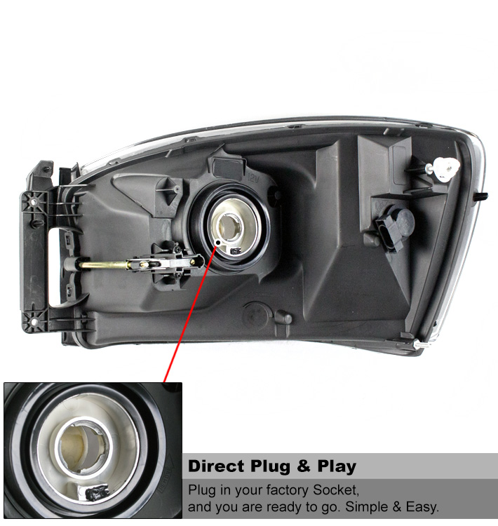 Suitable For 2006-2008 Dodge Ram 1500 / 2006-2009 2500 / 3500 Replacement Headlights Lamps - Chrome with Amber Reflector