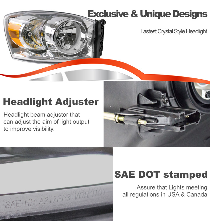 Suitable For 2006-2008 Dodge Ram 1500 / 2006-2009 2500 / 3500 Replacement Headlights Lamps - Chrome with Amber Reflector