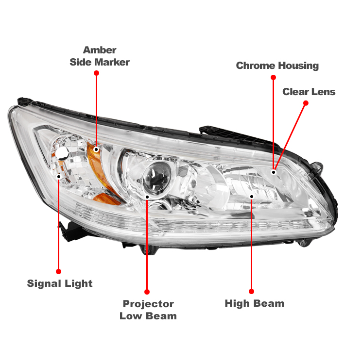 For 2013-2015 Honda Accord Sedan 4DR Projector Headlights Headlamps with 50W 6000K HID Conversion Kit - Chrome