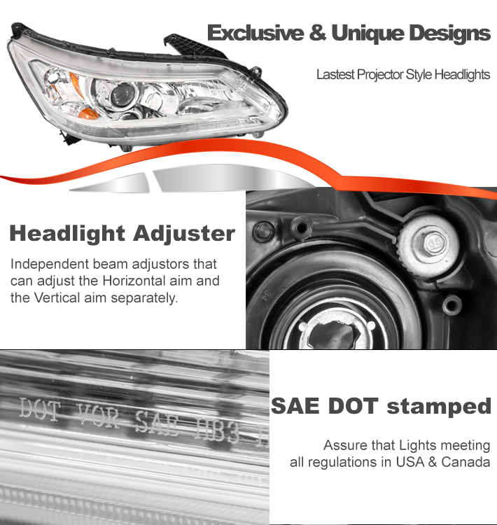 For 2013-2015 Honda Accord Sedan 4DR Projector Headlights Headlamps with 50W 6000K HID Conversion Kit - Chrome