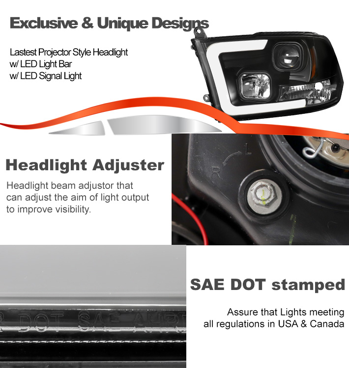 Suitable For 2009-2018 Dodge Ram 1500 / 2010-2018 2500 3500 LED Tube Switchback Signal Projector Headlights with 6.25
