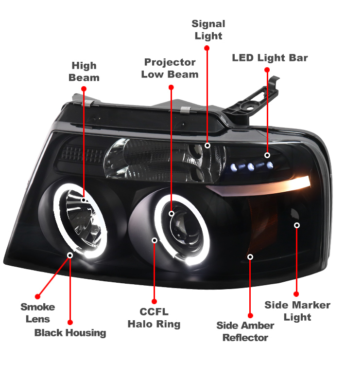 For 2004-2008 Ford F-150 LED CCFL Halo Projector Headlights Headlamps - Black/Smoke