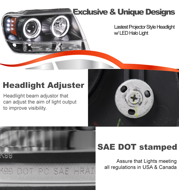 Suitable For 1999-2004 Jeep Grand Cherokee LED Halo Projector Headlights Headlamps with 6.25