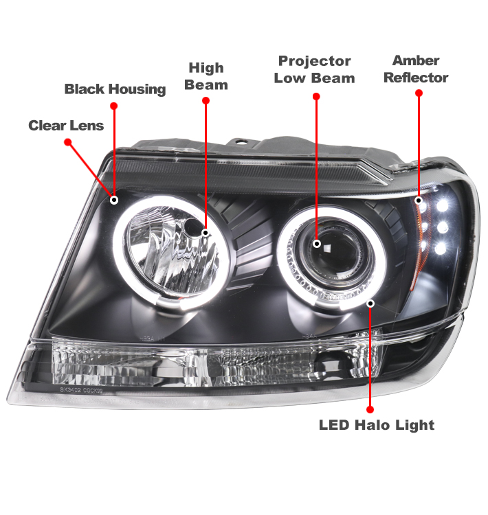 Suitable For 1999-2004 Jeep Grand Cherokee LED Halo Projector Headlights Headlamps with 6.25