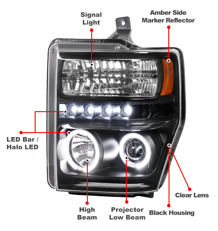 FOR 08-10 FORD F250 SUPERDUTY HALO LED BLACK PROJECTOR HEADLIGHT +DRL+6000K  HID US $113.28