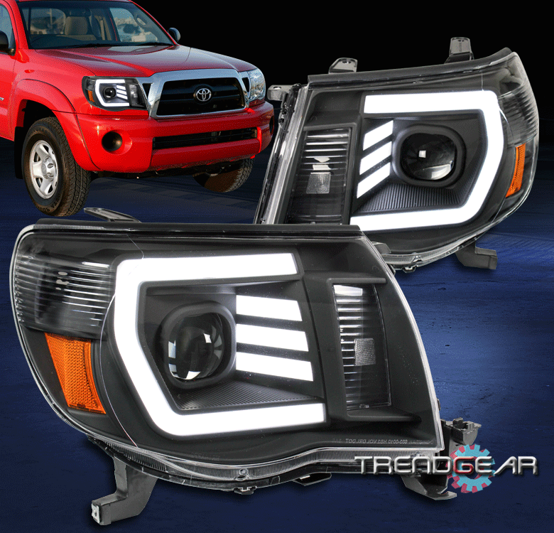 thumbnail image 2 of Black Headlight Assemblies W/ LED Tube Bar – Fits 2005-2011 Toyota Tacoma, Pair, DOT/SAE 2 of 6