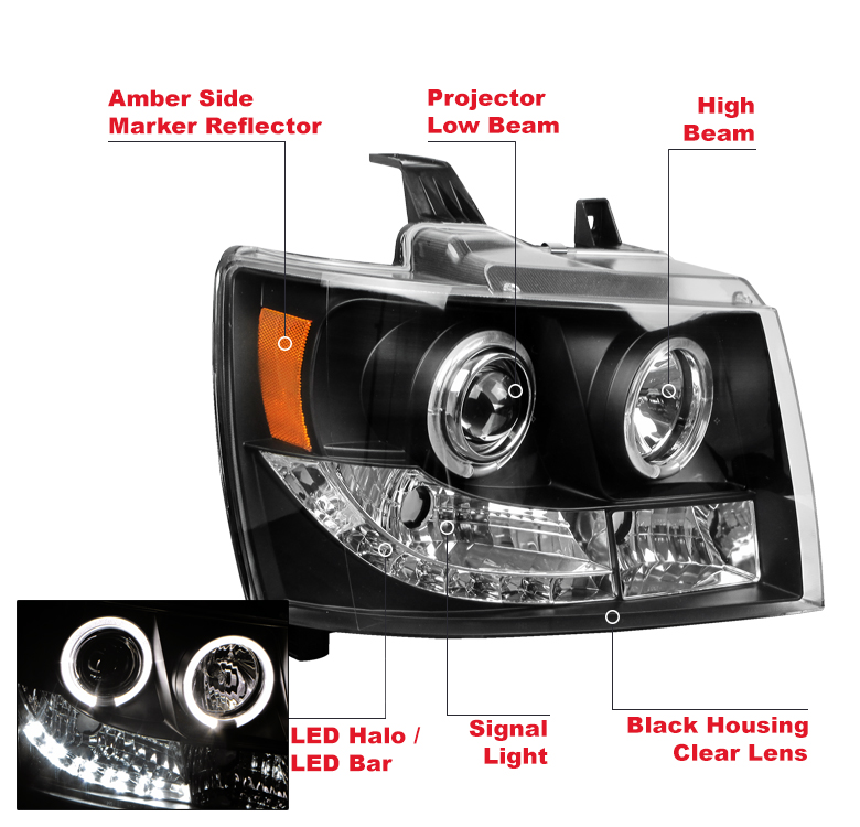 Pearl Black LED Halo Projector Headlights For 2007-2013 Chevy Avalanche, Tahoe, Suburban