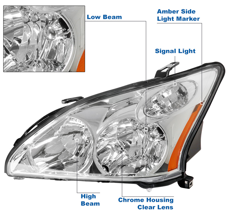 DTMOTO Halogen Headlights – For Lexus RX330 RX350 RX400h 2004-2009, Chrome Housing, Clear Lens, Pair