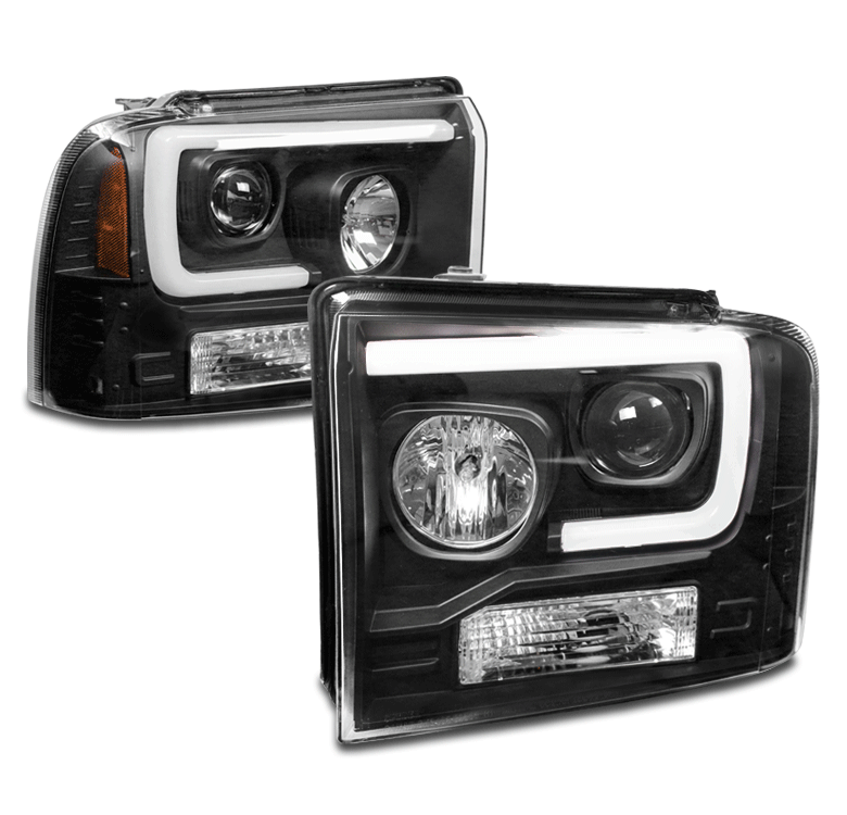 05-07 Ford F250 F350 F450 Superduty Black LED DRL Tube Projector Headlight Lamp