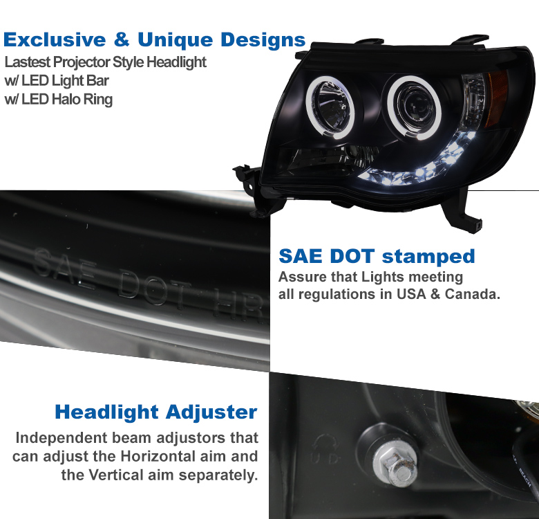 LED Halo Projector Headlights – For Toyota Tacoma 2005-2011 – Chrome Housing – Autozensation